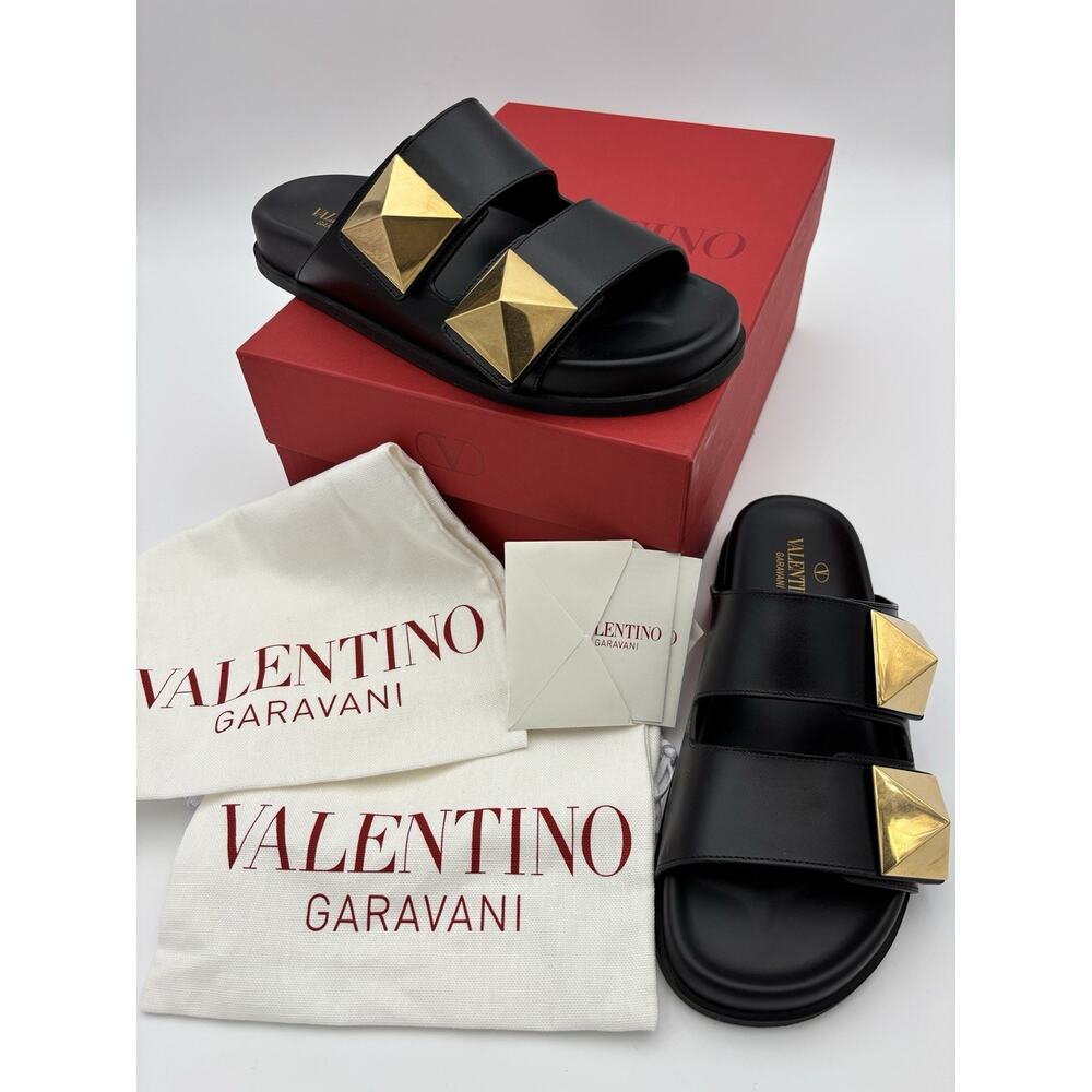 Authentic Valentino One Stud Rockstud Two Strap Sandal Black Gold Size 37.5 Dad - Picture 2 of 16